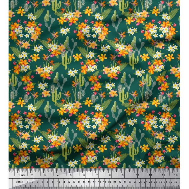 Soimoi Rayon Fabric Cactus,Leaves & Tropical Flower Floral Print Sewing Fabric Yard 42 Inch Wide
