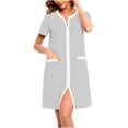 thumbnail image 1 of Peignoir Femme à Fermeture Éclair devant, Manches Longues, Rayé, Robe de Chambre Zippée Courte avec Poches, Gris, M, 1 of 5