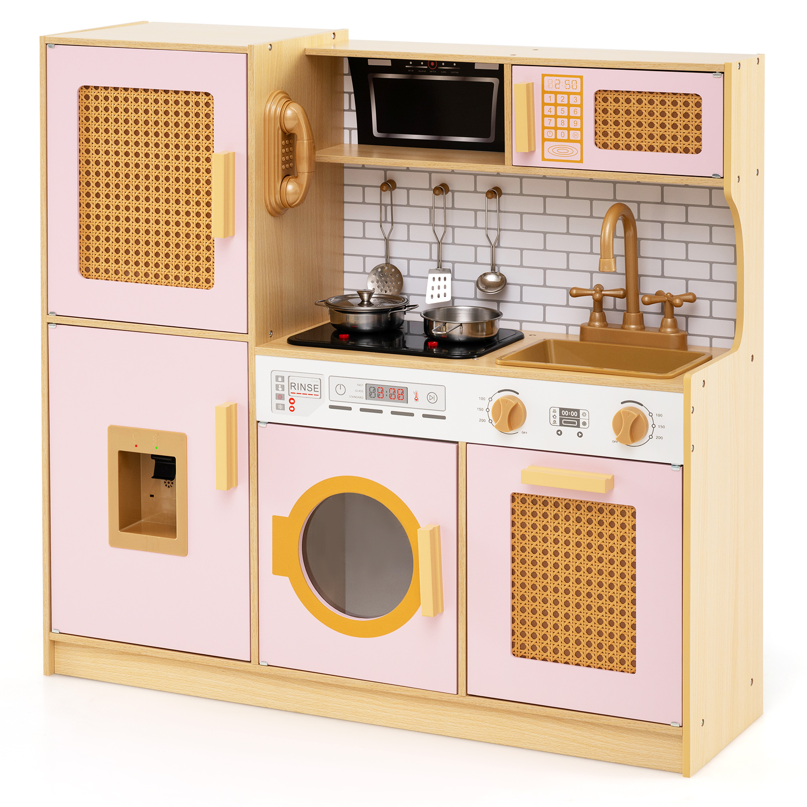 Patiojoy Kids Kitchen Playset Wooden Play Kitchen w/Realistic Lights & Sounds Pink