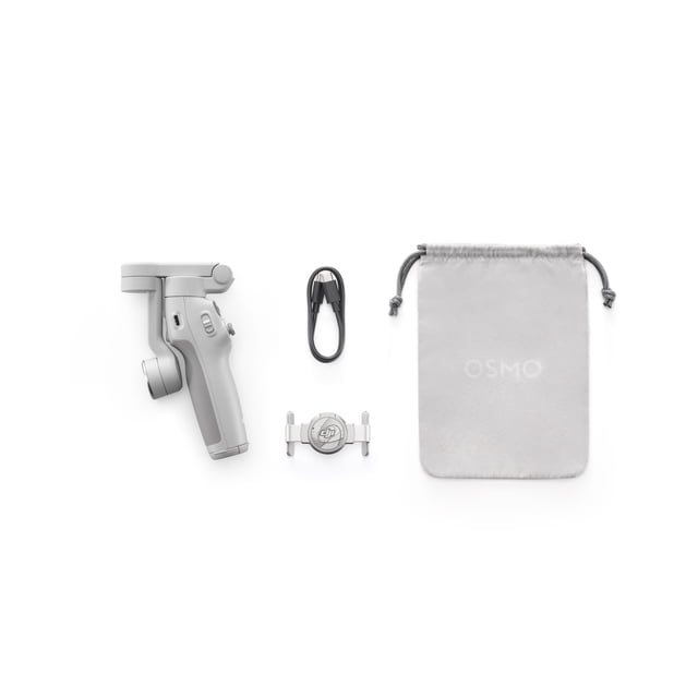 OSMO Mobile 7 Cardan Gris pour Téléphone Intelligent avec Stabilisation Trois Axes DJI, Plié de Façon Compacte, Accompagné d'Un Câble de Chargement USB, Pince de Téléphone Détachable avec logo DJI, et Pochette à Cordon OSMO Grise sur Fond Blanc, Idéal pour le Tournage Cinématique portable avec Téléphone Intelligent.