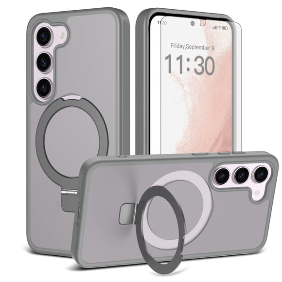 Asuwish Étui de Téléphone pour Samsung Galaxy S23 5G Protecteur d'Écran en Verre Trempé Support Pliant Magnétique Givré Translucide Robuste Antichoc Étui de Protection pour Cellulaire S 23 SM-S911U 6.1 Pouces Femmes Hommes Gris
