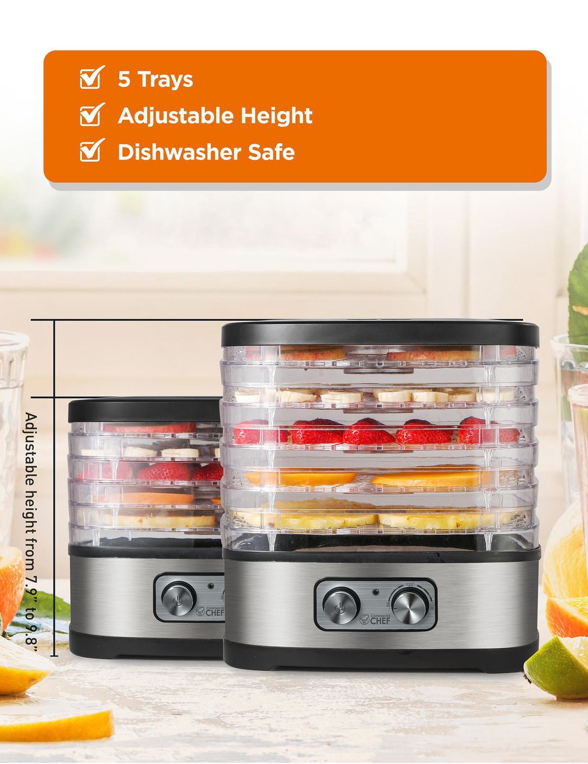 COMMERCIAL CHEF Food Dehydrator with 5 Adjustable Height Trays, Stainless Steel Food Dehydrator Machine for Beef Jerky, Dehydrated Vegetables and More