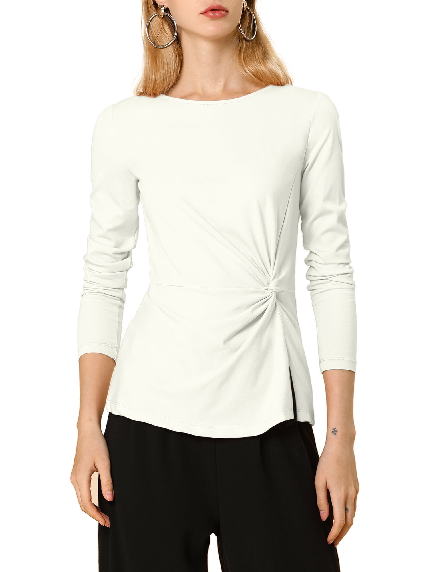 INSPIRE CHIC Women's Round Neck Front Twist Long Sleeve Blouse Tops