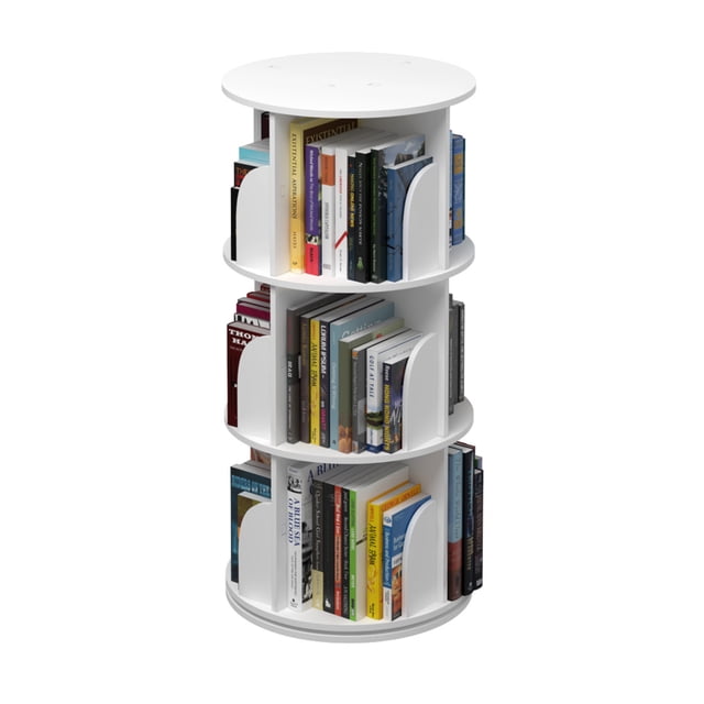 TOYTEXX 3-Tier 360° Rotating Stackable Bookshelf Organizer for Adults & Children in white. This bookshelf features a 3-tier design with a 360-degree rotating mechanism, offering large-capacity storage for books, vases, albums, and more. Made from non-toxic PVC wood plastic, it is durable and easy to assemble without tools. The compact size of 46 x 46 x 97 cm makes it suitable for kids' rooms or other spaces requiring organized storage.