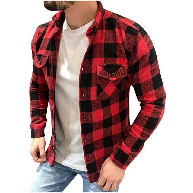 Chemise à Manches Longues pour Homme Mode Homme Décontractée Confortable Col à Revers Veste-Chemise à Carreaux Haut à Manches Longues. la Chemise Présente un Motif à Carreaux Rouge et Noir, un Col à Revers et une Fermeture à Boutons. Fabriquée en polyester, Elle Convient au Port Décontracté Ou Quotidien en Automne et au Printemps. Exposée en Taille Moyenne, Superposée sur un t-shirt Blanc et Assortie à des jeans Bleu Pâle.