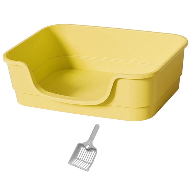GROWTH TANK Large Cat Litter Box Enclosure Design Four Seasons High Sided Cat Litter Pan in yellow. Made of durable PP material with smooth, rounded interior walls for easy cleaning. Features a thickened handle for comfortable grip, an inward curved filter for efficient litter cleaning, and an antislip rubber base for stability. Suitable for indoor cats and includes a matching litter spade.