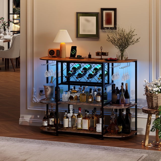 Kojooin Wine Bar Rack Cabinet with LED Lights and Power Outlet, Mini Home Bar with Storage and Glass Holder