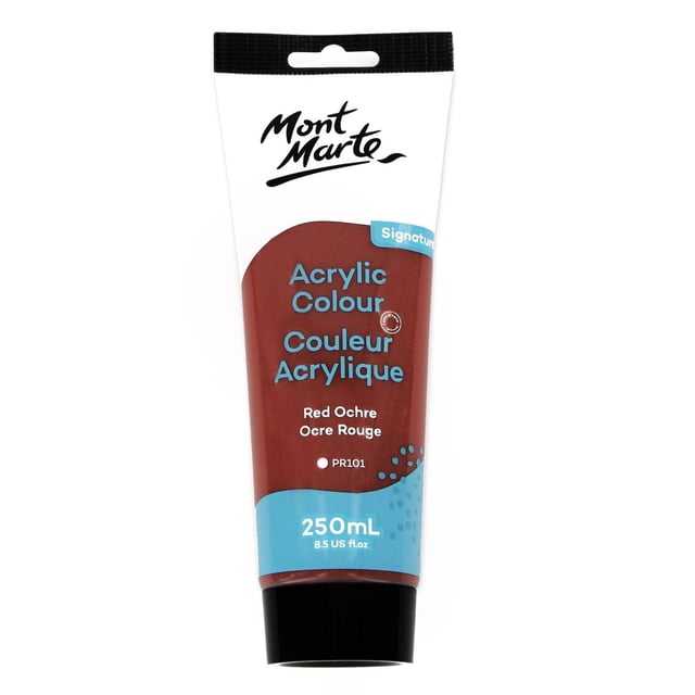 MONT MARTE Acrylic Colour Paint in Red Ochre, 250 mL (8.5 US fl oz) tube with water-based acrylic paint, smooth texture, quick drying, suitable for canvas, paper, and wood surfaces, ideal for brush or knife application.