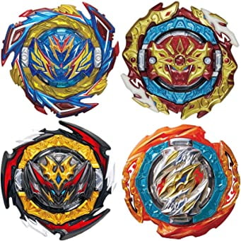 Bey Battling Top Burst Evolution Combination 4D Series set featuring 4 vibrant spinning tops with detailed designs, 2 launchers, and a launcher grip. Designed for exciting battle games where tops can burst apart during play. Includes a portable gift box for storage and outdoor activities.