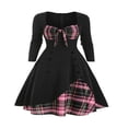 thumbnail image 1 of Women‘s Spring Autumn Patchwork Dress Long Sleeve Square Neck Plaid Zipper A-Line Dress, 1 of 5