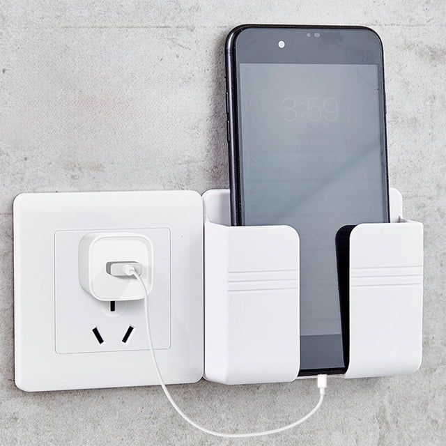 Wall Mounted Phone Charging Holder, Universal Storage Rack for Remote Controls, Bathroom Organizer, Kitchen Accessories - White Plastic Shelf, Space Saving Design, 3.54x3.94x1.18 inches