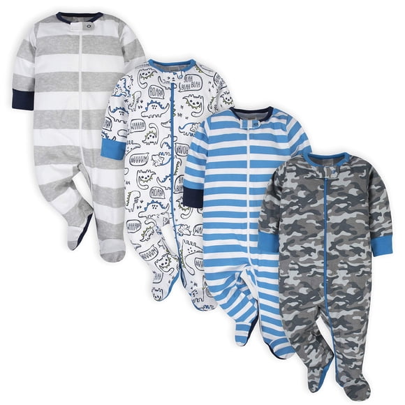 Grenouillères Marque pour Bébés Garçons, Lot de 4, Dormeuses à Pieds, Bleu Dino, 0-3 Mois