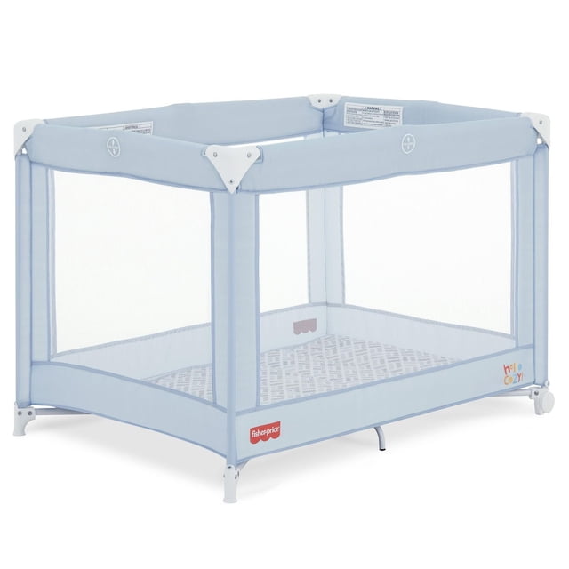 Fisher Price Play All Day Playard By Dream On Me in light blue with breathable mesh walls, sturdy frame, built-in wheels, and a patterned high-density foam pad, designed as a portable travel playard with foldable, no-tool assembly for easy setup.