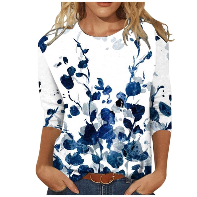TIMIFIS Hauts pour Femmes Manches 3/4 Décontractés Coupe Ample Tuniques Col Rond T-shirt Automne