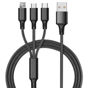 Câble de recharge multi 2Pack 3 en 1 Multi USB Câble chargeur Nylon tressé Multiple USB Cordon de charge rapide 2.4A Synchronisation des données et type C Micro USB Connecteurs de port pour tous les téléphones cellulaires Comprimés