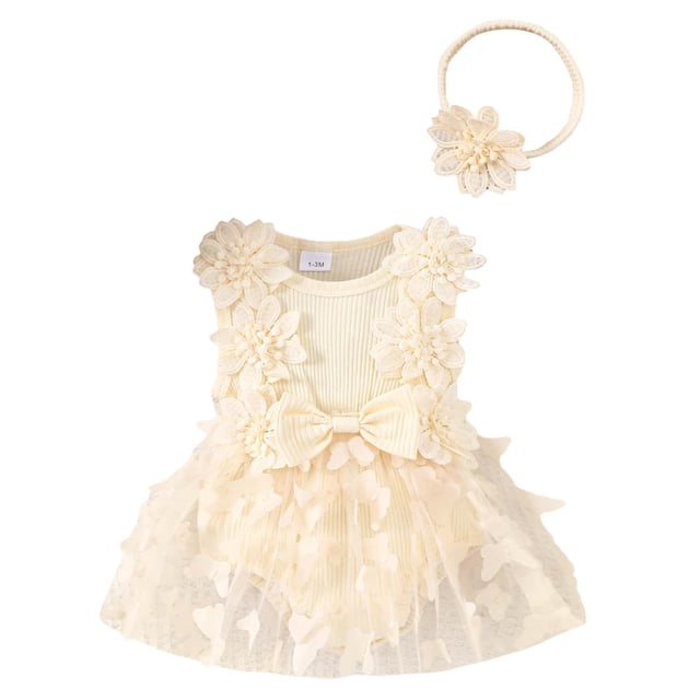 GPOECD Baby Girls Ribbed Bowknot Romper Headband Set Sleeveless Summer Baby Outfit with Breathable Design Sleeveless Rompers for Babies 1-18 Months Beige-d,3-6 Months
