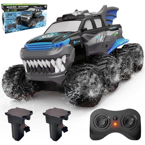 Amphibious Remote Control Car 8WD RC Monster Truck with 2 Rechargeable Batteries for Boys Age 8-12 Offroad Waterproof RC Pickup 2.4GHz All Terrain RC Drift Cars Beach Pool Toys Gifts for Kids Blue