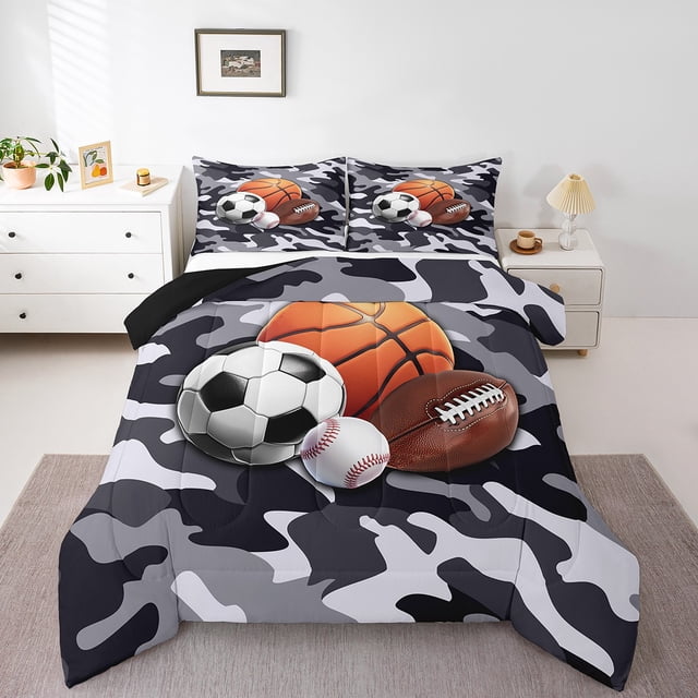 Erosebridal Ensembles de Literie Soccer Baseball Simple avec Couette, Insert de Couette Camouflage Gris pour Enfants Ados, Réversible