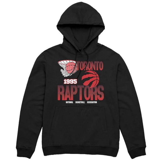 NBA Toronto Raptors 1995 Black Hoodie with front graphic showing a basketball going through a hoop, 'Toronto', '1995', and bold 'Raptors' text in red and white. Made from cotton-polyester blend, featuring a kangaroo pocket and adjustable drawstring hood, suitable for casual wear and showing team pride.