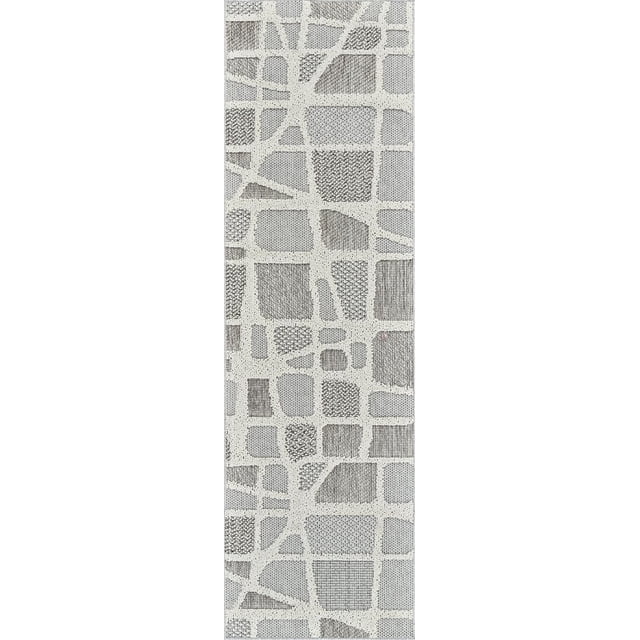 Rug Branch Hogar Abstract Indoor Outdoor Area Rug, Grey Cream, modern 2'3" x 8' jute runner with abstract geometric pattern in textured grey and cream blocks, ideal for entryways, hallways, patios, and kitchens, also suitable as a decorative accent in living rooms and bedrooms.