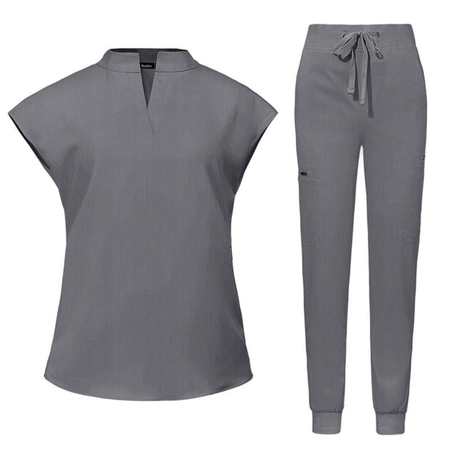Ensemble de Sarraus pour Femmes, Haut de Sarrau Extensible à Col Montant et Pantalon Jogger à Cordon avec Multiples Poches, Anti-Froissement, Uniforme de Travail Infirmier, Col Montant, Uniforme Médical Confortable, Gris