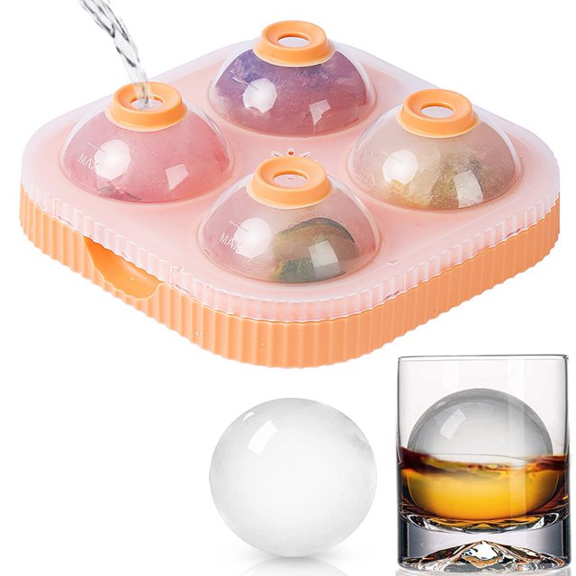 Ice Ball Maker Mold Round Sphere Ice Cube Tray Silicone Bottom With Lid Easy Fill And Release Large Round Ice Cube Mold For Cocktails Whiskey Ice Ball Mold 2.56 Inch 4 Ice Balls