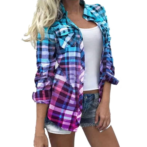 zanvin Jacket Women Flannel Shirts Long Sleeve Fall Fashion Jackets Button Down Plaid Shirts Coats with Side Pocket,Blue,XXL