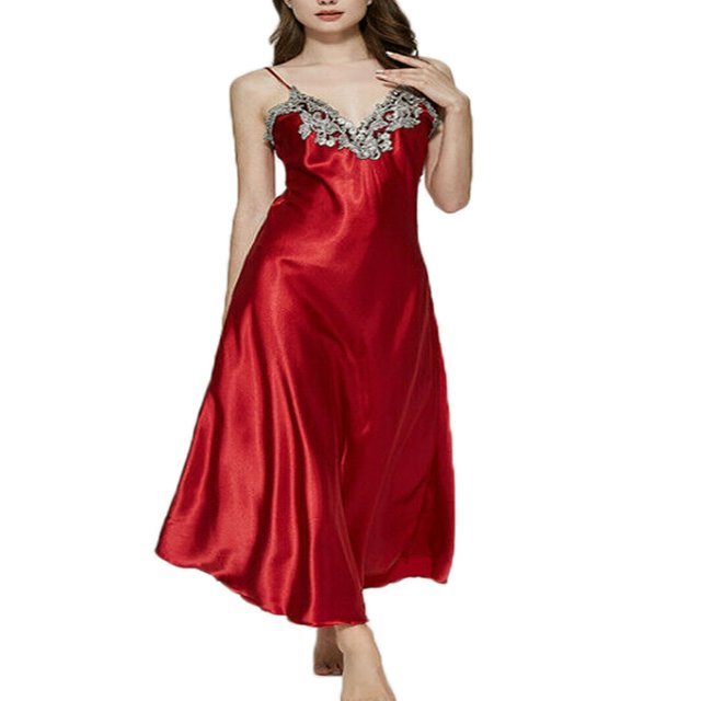 Pyjama en Satin de Soie pour Femmes, Col en V, Longue Chemise de Nuit Sans Manches