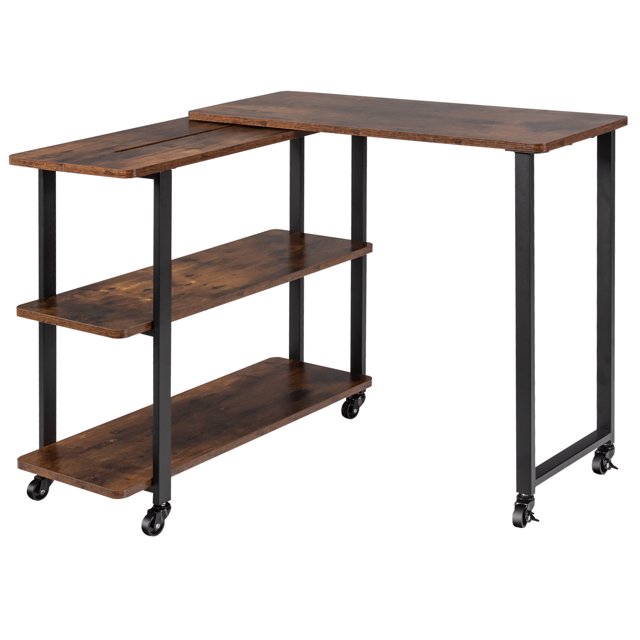 Patiojoy Sofa Side Table with storage shelves, rustic brown finish, and steel frame. Features include a 360° rotating design with two connected side tables, six flexible wheels (two with brakes), and two storage shelves for books, decorations, or office items. Ideal as a mobile end table or rolling couch table for living rooms, bedrooms, offices, or compact spaces like dorm rooms.