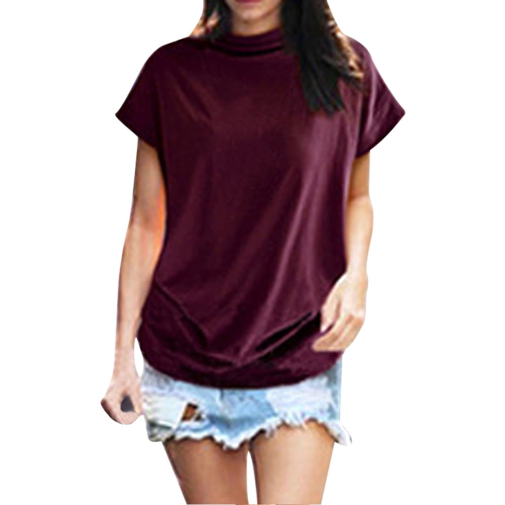 MesaSe Aviva Femme Col Roulé Manches Courtes Coton Uni Blouse Décontractée Haut T-Shirt Plus Kh/L