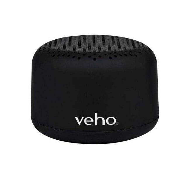 Veho M3 Portable Wireless Bluetooth Speaker in black with a compact cylindrical shape, perforated top grille, and white Veho logo on the matte body, featuring Bluetooth 5.0, 3W balanced audio drivers, up to 12 hours playtime, and TWS pairing for dual-speaker use, suitable for portable audio playback.