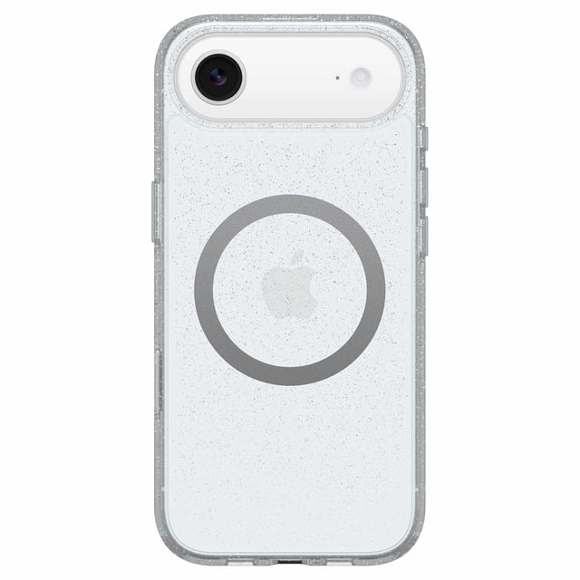 OtterBox Symmetry Clear MagSafe Case w/Camera Control Stardust 3.0 with Blue Tint (Clear) for iPhone Air featuring a slim, clear case with blue tint and silver stardust speckles, a circular MagSafe magnet ring around the Apple logo, raised camera edges, tactile buttons, and built-in anchors for straps or charms, suitable for protecting and customizing your iPhone.