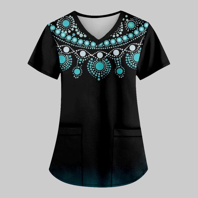 EGNMCR Hauts de Sarrau d'Infirmière pour Femmes Mode Décontractée Imprimé Uniforme de Travail Manches Courtes Col en V Blouse T-shirt de Travail avec Poches, Cadeaux pour Femmes