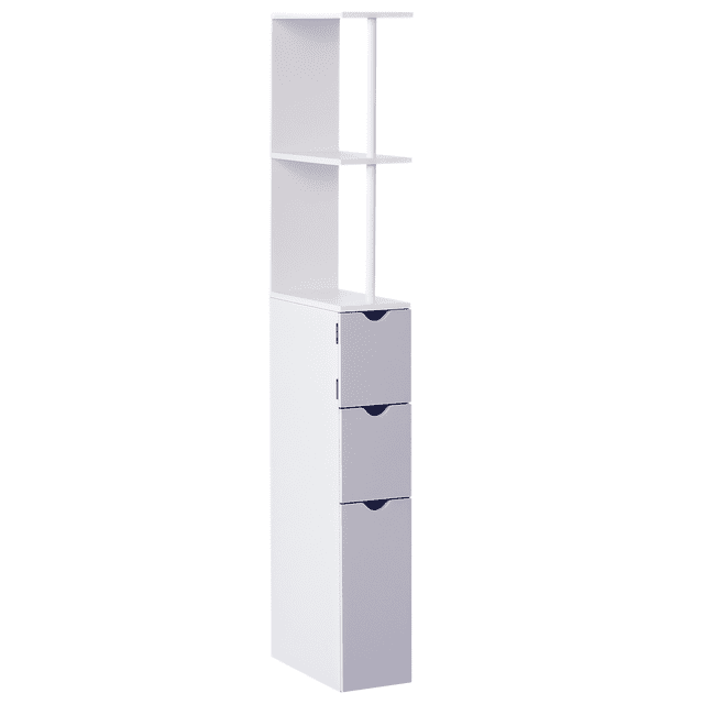 HOMCOM Narrow Bathroom Floor Cabinet with Drawer and Open Shelves, a slim bathroom furniture piece in white and grey MDF material. Features two open shelves and three bottom drawers for storing towels, toiletries, and other essentials. Measures 5.9 inches wide, 13 inches deep, and 53.7 inches high. Ideal for small spaces and can be secured to a wall for stability.
