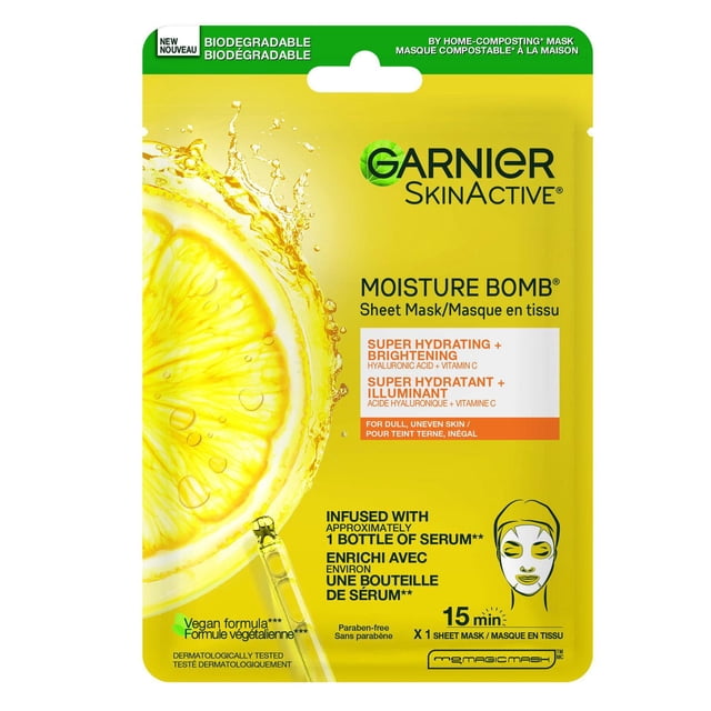 Garnier SkinActive Moisture Bomb sheet mask in yellow packaging featuring a lemon slice splash, infused with hyaluronic acid and vitamin C for super hydrating and brightening benefits, vegan and paraben-free, designed for dull, uneven skin with a 15-minute application time.