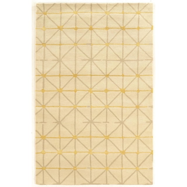 Aspire Wool Pane Ivory & Grey 8' x 11' Area Rug hand-tufted from 100% wool with a plush pile, featuring an ivory background and a geometric windowpane pattern in grey and yellow, providing warmth and durability, suitable for larger rooms or open-concept spaces.