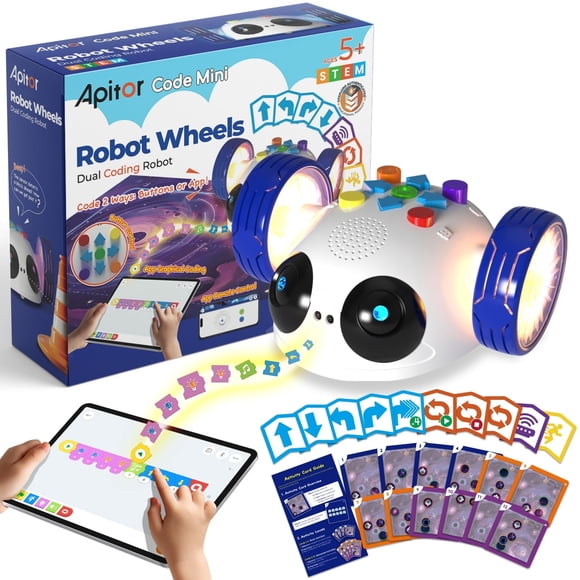 Apitor Coding Robot Toys for Kids Ages 5+, STEM Robot Toy Kit with Wheels and Play Cards, Screen Free Remote Control Programming Interactive Toy for