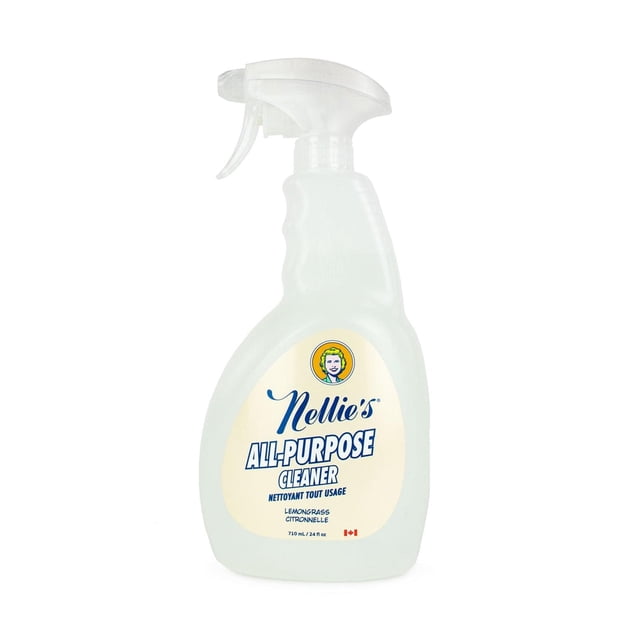 Nellie's All-Purpose, 710ml, Made in Canada, Multi-Surface Cleaner in a translucent spray bottle with a white trigger, featuring a beige label with blue text and a lemongrass scent, designed for cleaning various household surfaces.