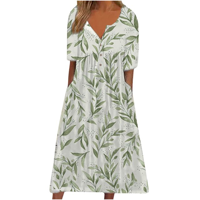 Babysbule Liquidation Robe d'Été Femme Mode Femmes Été Imprimé Décontracté Col en V Bouton Manches Courtes Vacances Poches Robe