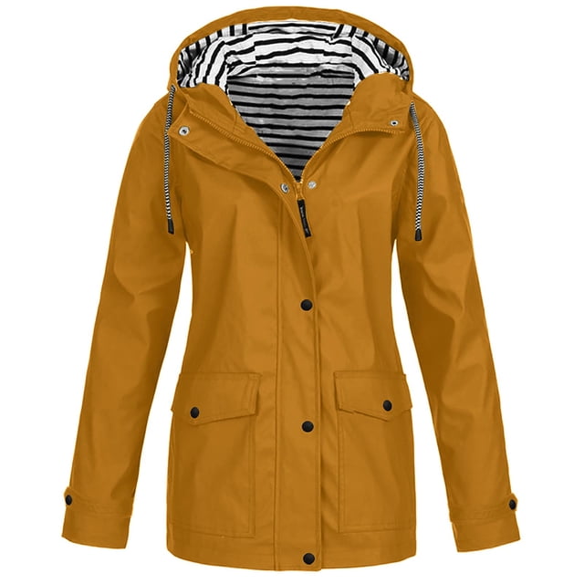 Women Solid Rain Jacket Outdoor Plus Size Waterproof Hooded Raincoat Windproof