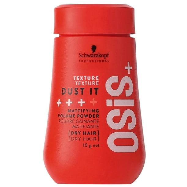 Schwarzkopf OSIS+ DUST IT 10G mattifying hair styling powder in a vibrant red container with bold white and black text. Designed for dry hair, it provides strong hold, instant grip, and incredible volume with a matte finish.