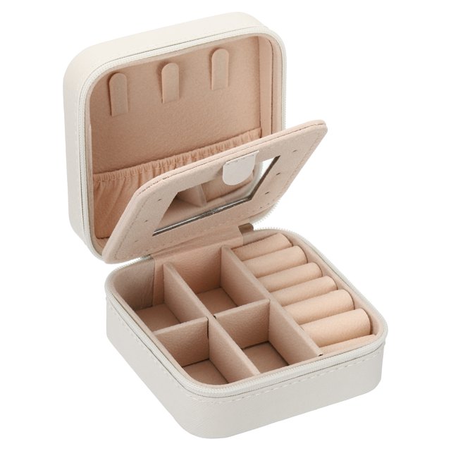 Unique Bargains Travel Jewelry Case, Small Jewelry Organizer Portable Mini Jewelry Box with Mirror Square Style 1, White