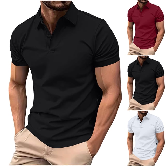 HVOBTTY Mens Summer Soft Versatile Pullover Casual Fashion Solid Color Collared Short Sleeve Loose Breathable Daily Base Layer Tops Black, L