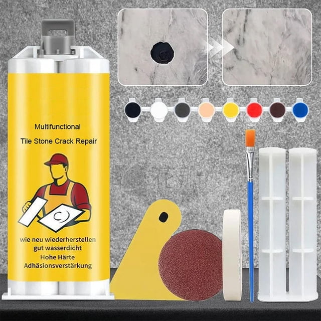Tile, Granite and Marble Repair Kit with a yellow repair paste container, colour-matching pigments, brush, sanding disc, and applicator tools. Ideal for repairing cracks and chips on ceramic tiles, marble, granite, and porcelain surfaces, suitable for home improvement projects.