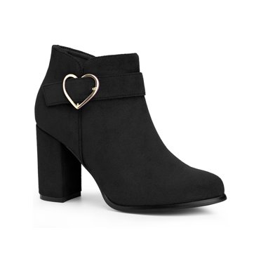 BLISSFUL STEP Women's Ankle Boots Chunky Block Heel Round Toe Heart Buckle Faux Suede Boots Black 7.5
