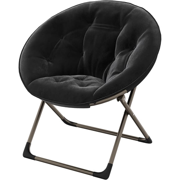 Eastvita Safe Comfy Black Folding Saucer Reading Lounge Chair Cozy Faux Fur Soft Thick Padded Seat Metal Frame Modern Style for Bedroom Living Room X-Large with Gold Legs for Adults