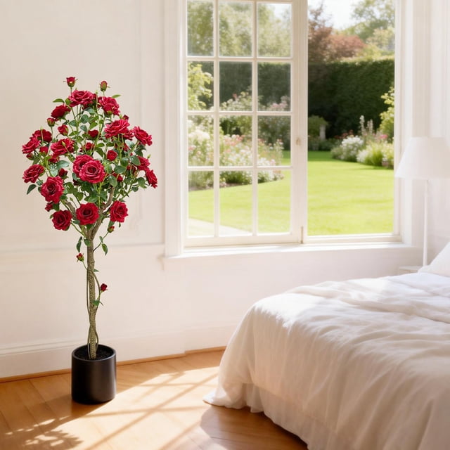 Arbre de Roses Rouges Artificielles de 1,5 m – Fleurs en Soie Réalistes, Feuillage Vert Luxuriant, Tronc en Plastique Durable – Plante Décorative Factice à Faible Entretien pour Salon, Chambre, Entrée Ou Extérieur Couvert