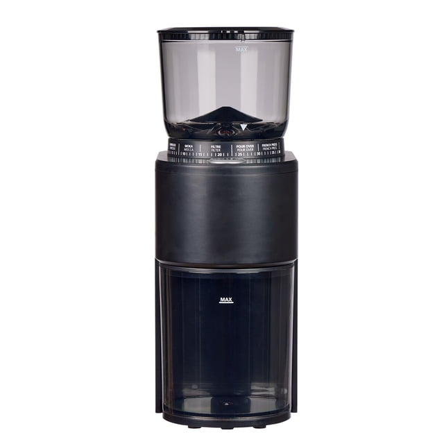 Mainstays Burr Grinder electric burr grinder in black with transparent 150g bean hopper and ground coffee container, featuring 38 adjustable grind settings for espresso, moka, filter, pour over, and French press, suitable for grinding fresh coffee beans at home.