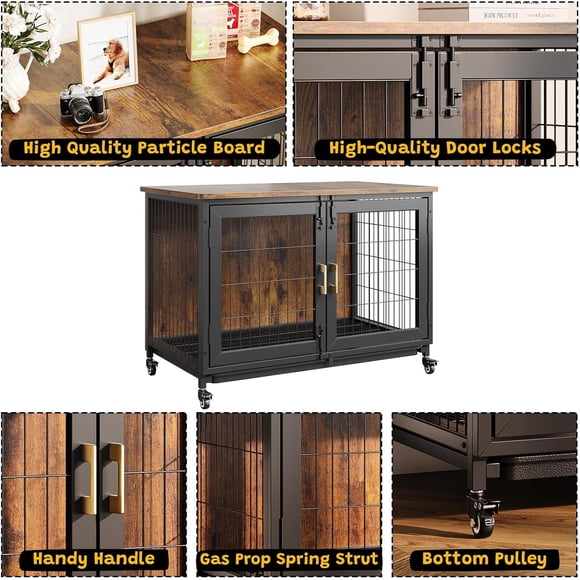 Kojooin 37.5 Inch Dog Crate Furniture, Heavy Duty Dog Kennel Furniture with Wheels, Wooden Dog Cage with Removable Tray, Indoor Dog House for Medium and Small Dogs, Brown