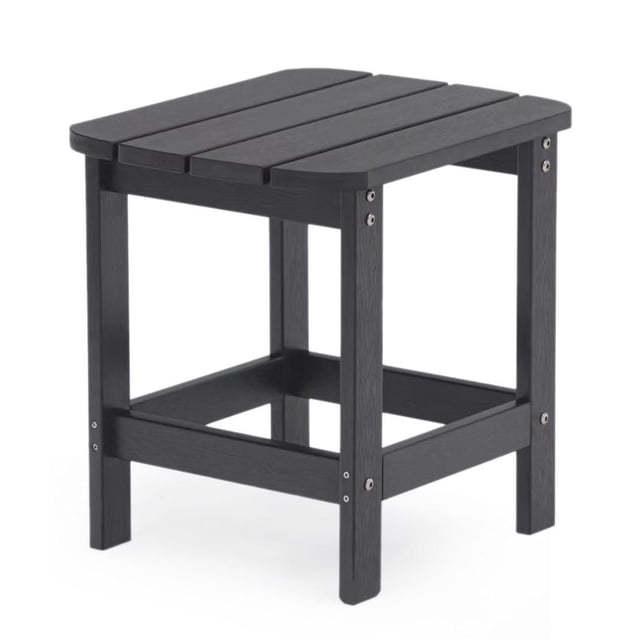 Tanfly Polycarbonate Side Table for Indoor/Outdoor Use in black with a slatted top and square frame made of weather-resistant, UV-protected polycarbonate that resists cracking, peeling, and rot, suitable for patio or sunroom and often used as a compact plant stand.
